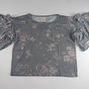 Chaser Oversized Tiered Sleeve Top Women's Size Medium Gray Floral Tee T-Shirt